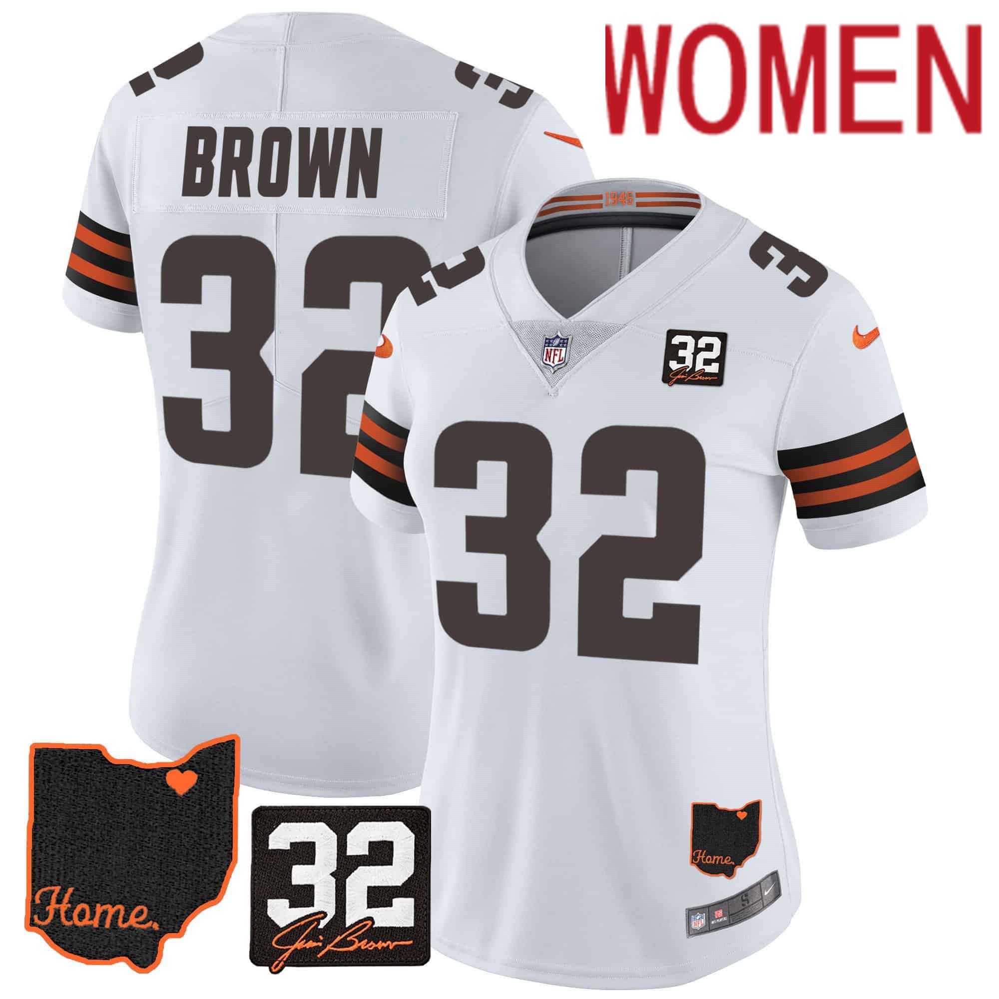 Women Cleveland Browns 32 Brown White Memorial Home Patch 2024 Nike NFL Jersey
